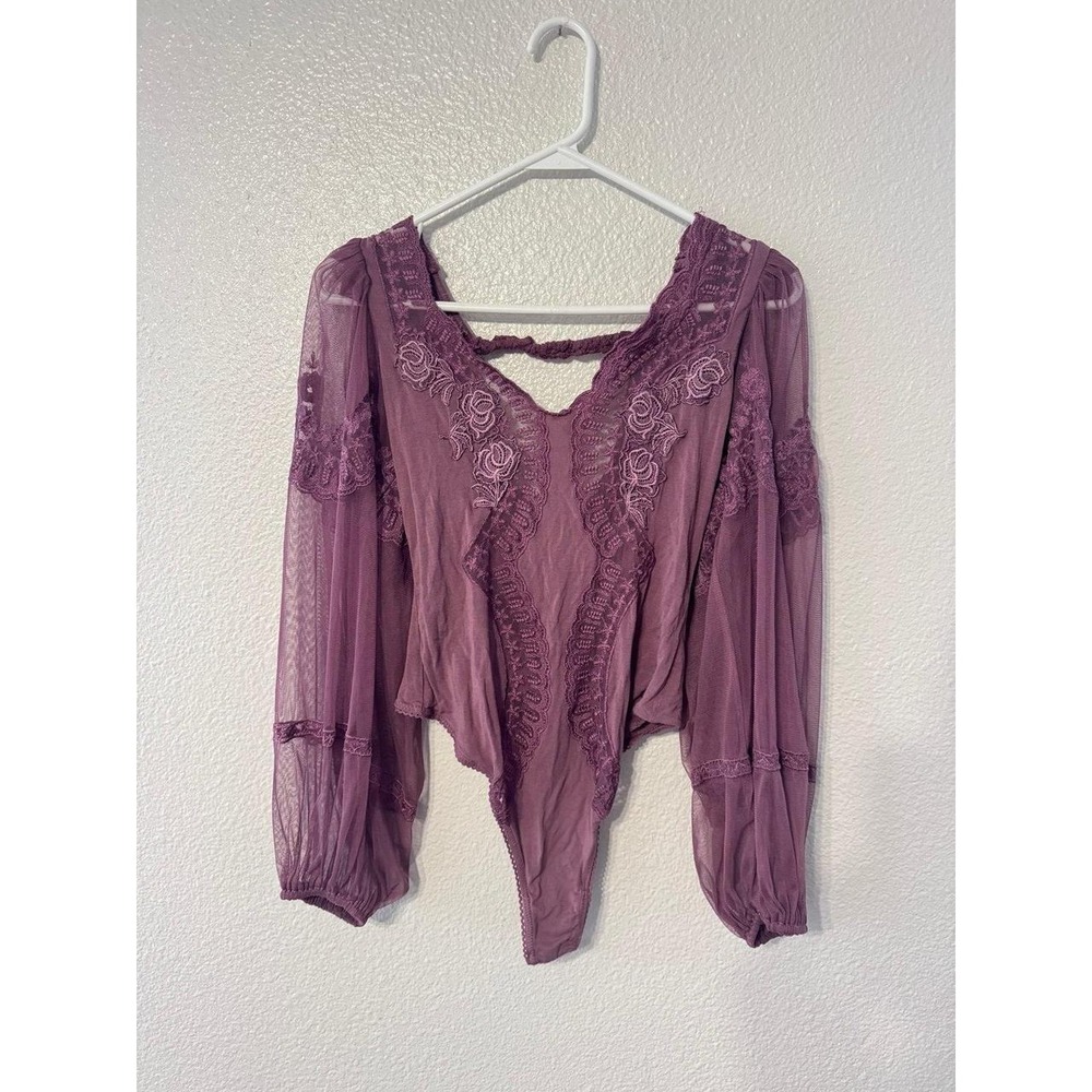 Free People Intimately Purple Lace Mesh Long Sleeve Bodysuit Women's Small